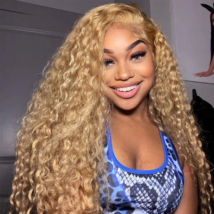 Deep Wave Honey Blonde Hair Wig Super Natural Hairline Glueless Lace Human Hair Wig Pre Cut Lace