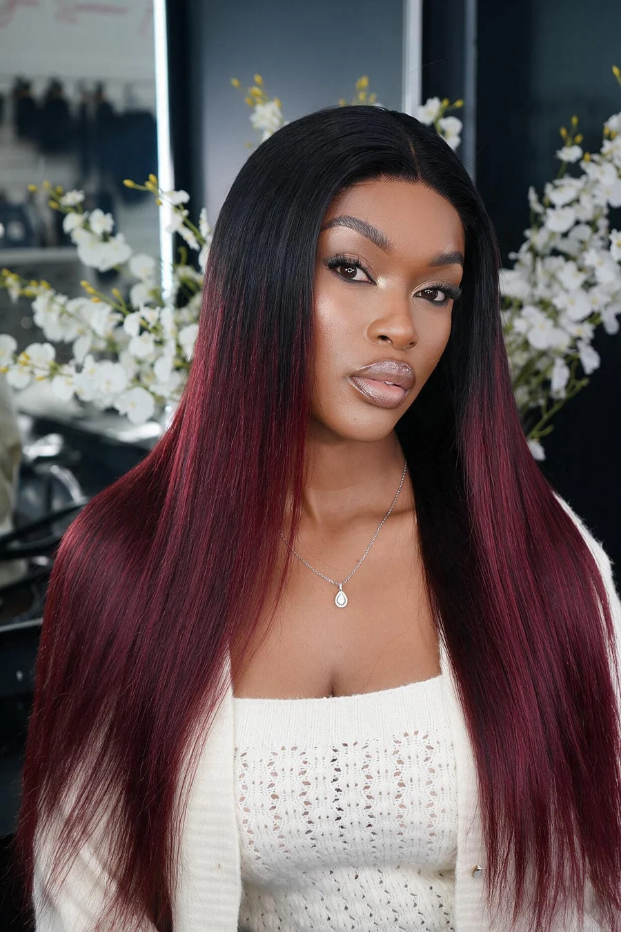 1B/99J Burgundy Red Dark Roots Straight Hair Lace Closure Wig 180% Density