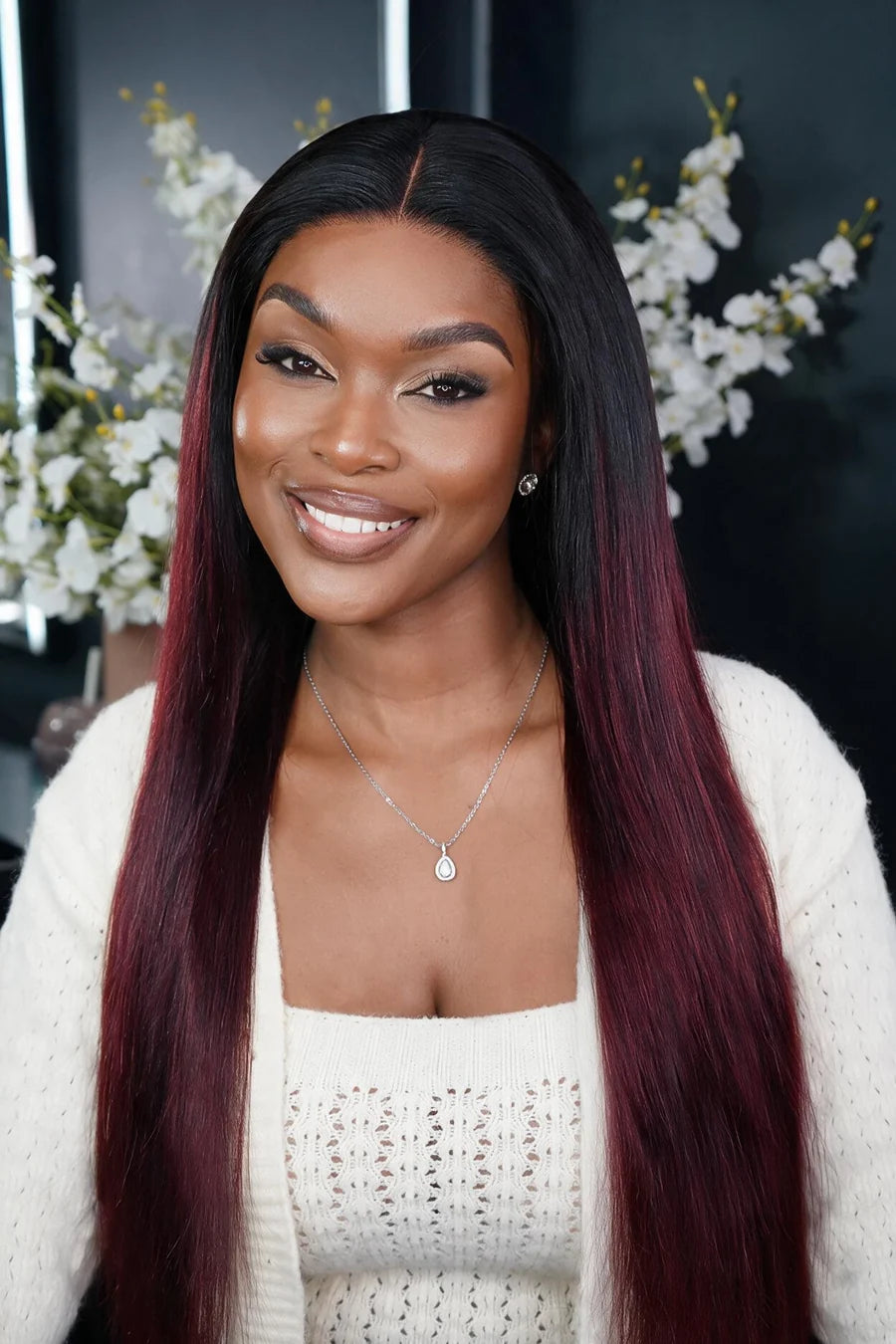 1B/99J Burgundy Red Dark Roots Straight Hair Lace Closure Wig 180% Density
