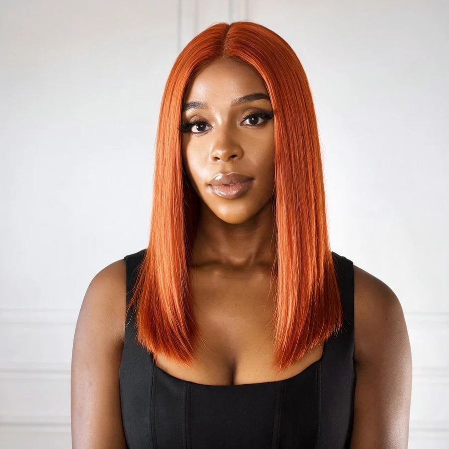 Double Drawn 4x4 Lace Full Frontal Human Hair Wig Ginger Color 180% Density