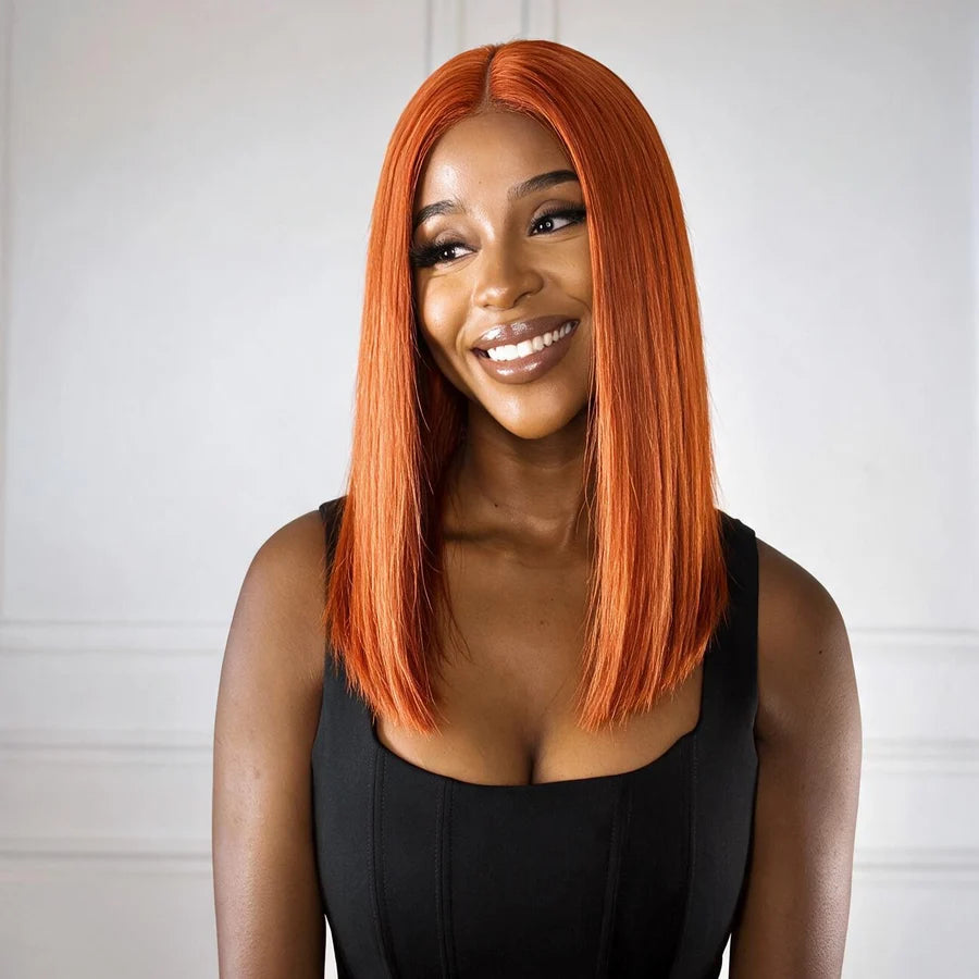 Double Drawn 4x4 Lace Full Frontal Human Hair Wig Ginger Color 180% Density