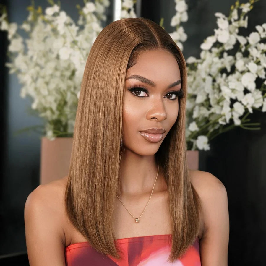 Double Drawn 4x4 Lace Full Frontal Wig Human Hair Brown Color Glueless Wig 180% Density