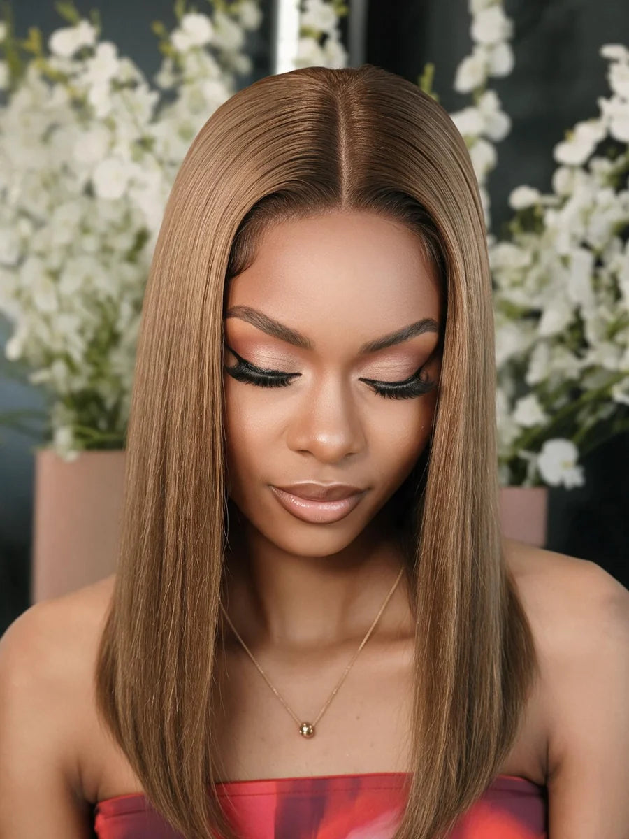 Double Drawn 4x4 Lace Full Frontal Wig Human Hair Brown Color Glueless Wig 180% Density