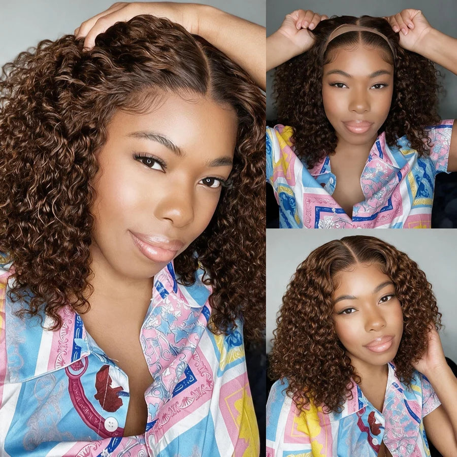 Ready To Go Glueless 4x4 Closure Lace Jerry Curly Wave Bob Wig 100% Human Hair 180% Density