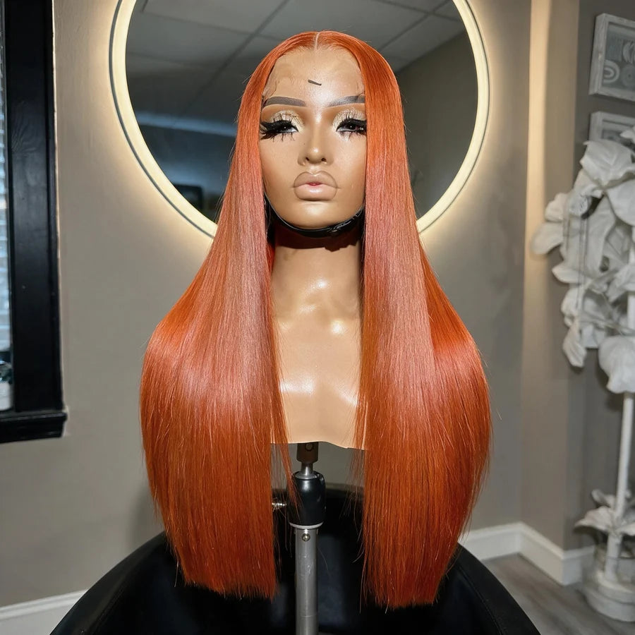 Double Drawn 4x4 Lace Full Frontal Human Hair Wig Ginger Color 180% Density