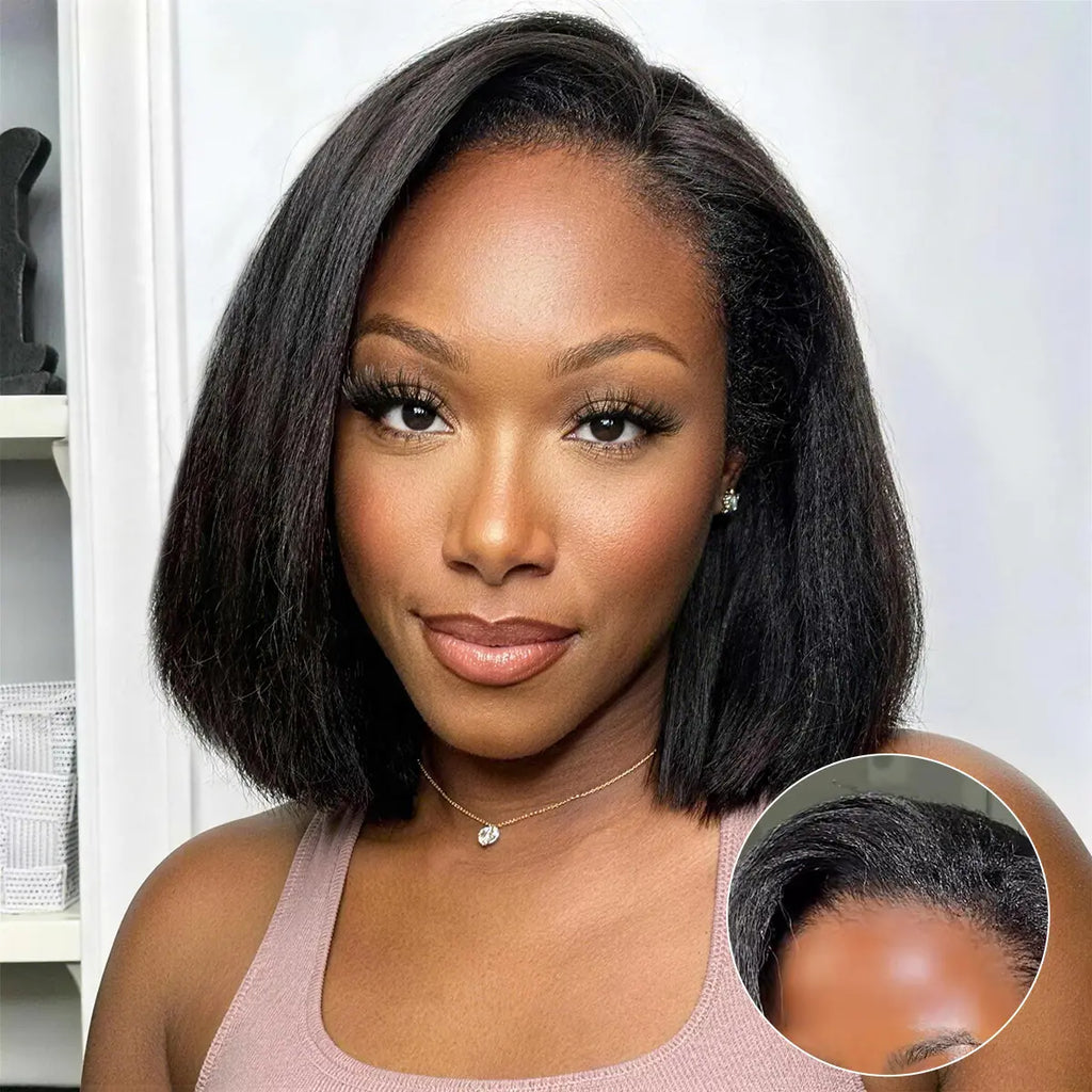 Kinky Straight 13x4 Full Frontal Glueless Bob Pre Plucked 100% Human Hair