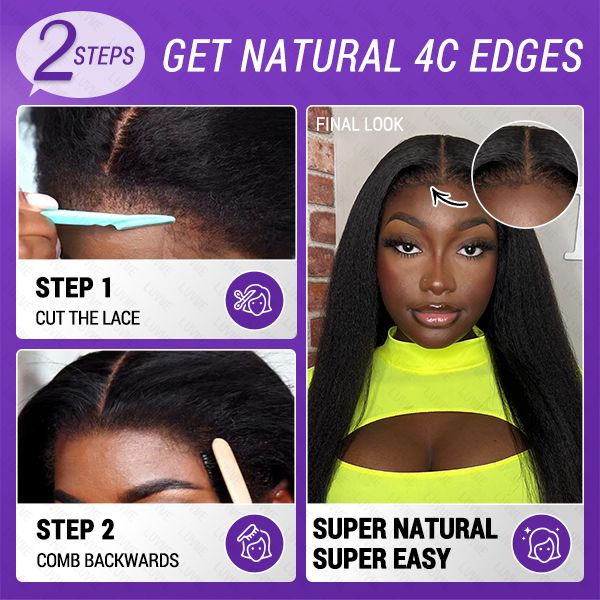 Worth | 4C Edges | Natural Black  Kinky Edges Kinky Straight 5x5 Closure Glueless Long Wig