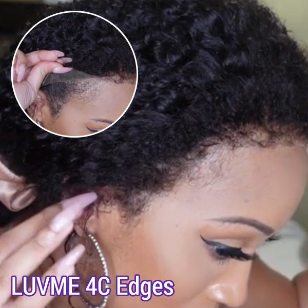 outlet | 4C Edges | Realistic Kinky Edges Afro Curly 13x4 Frontal Lace Long Wig 100% Human Hair