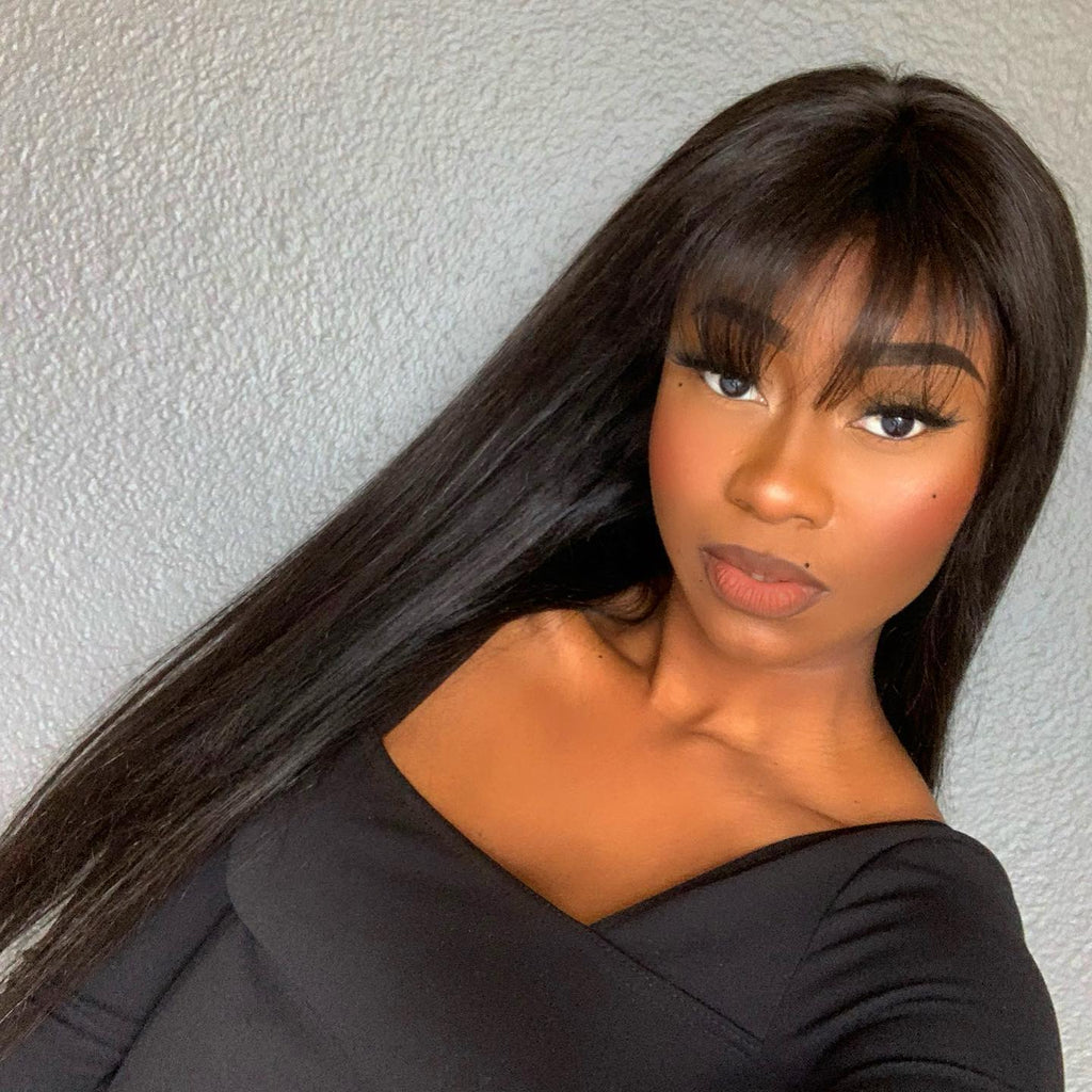OUTLET I Throw On & Go Natural Black Straight Minimalist Lace Glueless Long Wig With Bangs