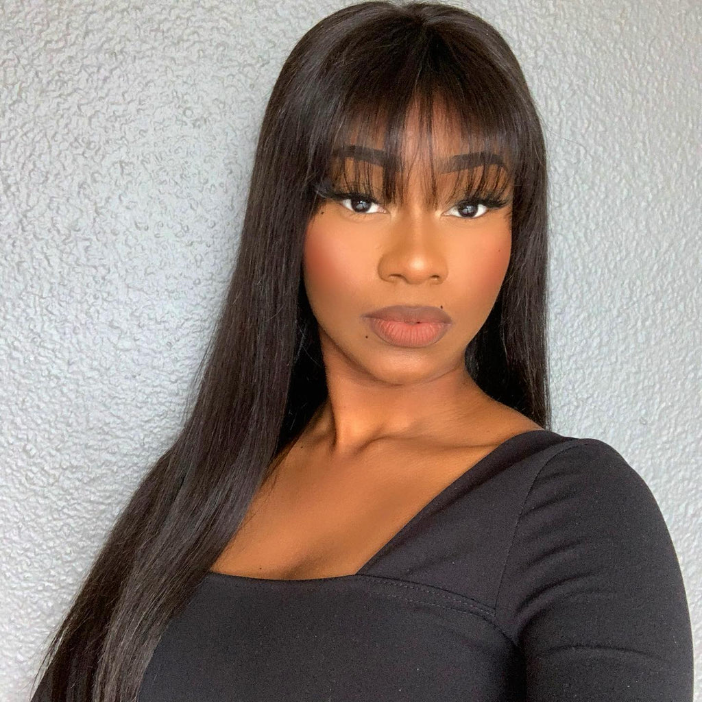 OUTLET I Throw On & Go Natural Black Straight Minimalist Lace Glueless Long Wig With Bangs