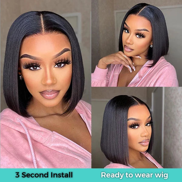 Super Easy Straight Bob Wear & Go Pre Cut HD Transparent Lace Closure Wig with Pre Plucked Hairline & Bleached Knot