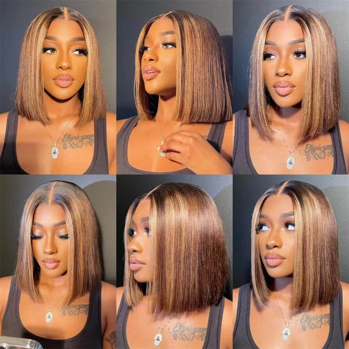 Honey Blonde Highlight P4/27 Bob Wig Human Hair 13x4 Lace Frontal Wig
